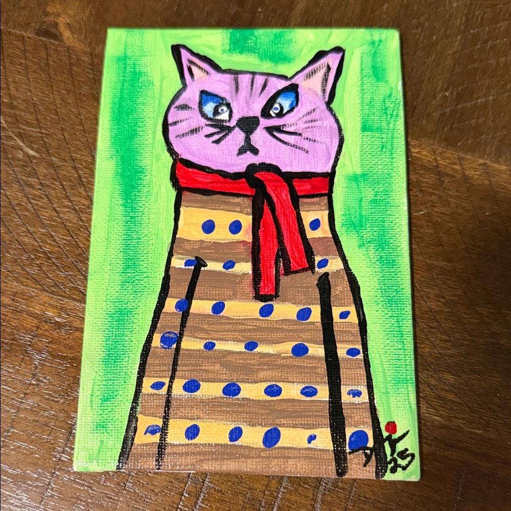 Colorful Cat Art acrylic on canvas 4”x6” DOLORES
